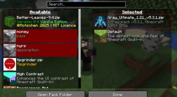 Jak pobrać texture pack do Minecraft: Xray Ultimate wybrany do instalacji. Dostępne inne pakiety.