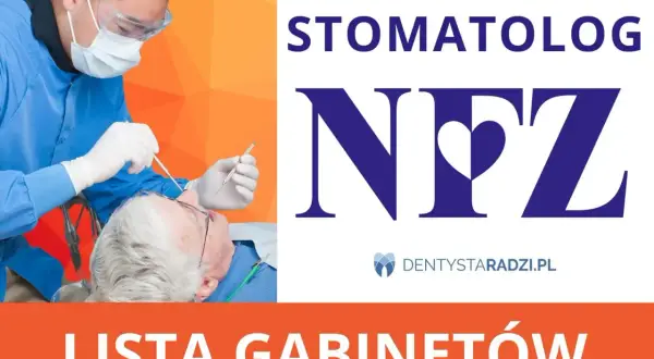 Dentysta w masce i okularach bada pacjenta. Logo "NFZ" i napis "LISTA GABINETÓW".