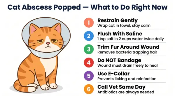 Illustration of an orange cat wearing an e-collar, with steps on how to care for a cat abscess.