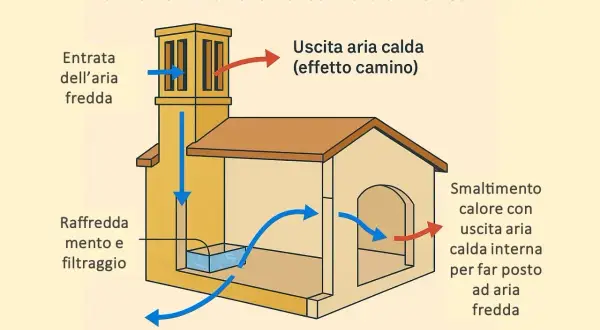 Schema di una torre del vento che illustra la ventilazione naturale: l'aria fredda entra, viene raffreddata e filtrata, distribuita negli ambienti e l'aria calda esce.