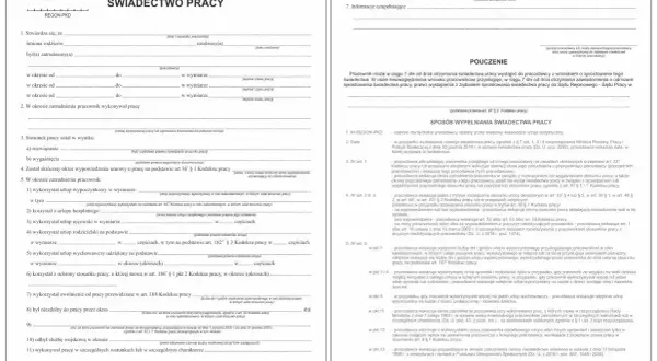 Formularz świadectwa pracy z polami do wypełnienia.