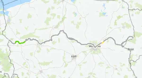 Mapa trasy rowerowej EuroVelo 11 przez Polskę, z zaznaczonymi miastami jak Gdańsk, Warszawa i Brześć.