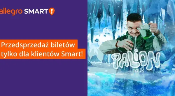 Mężczyzna nalewa zielony płyn do szklanki na tle lodowego krajobrazu i napisu "PALON TOUR".