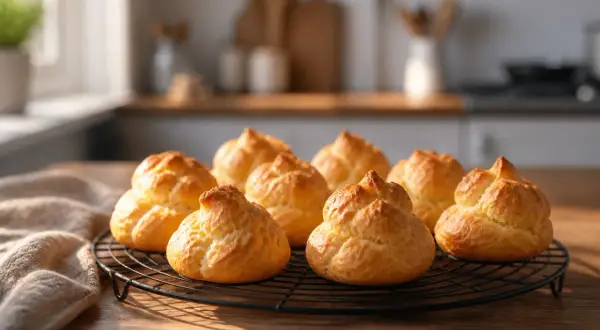 Petits choux dorés sur une grille, prêts à être garnir. Parfait pour une recette pâte à choux réussie.