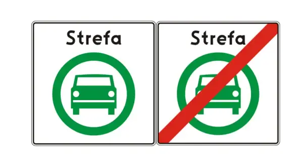 Nowe znaki drogowe: Strefa ruchu dla samochodów i koniec strefy ruchu dla samochodów.