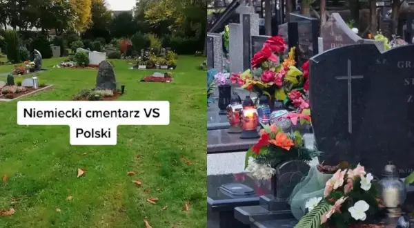 Porównanie: jak wyglądają cmentarze w Niemczech (po lewej, zadbane trawniki) i w Polsce (po prawej, bogato zdobione nagrobki).