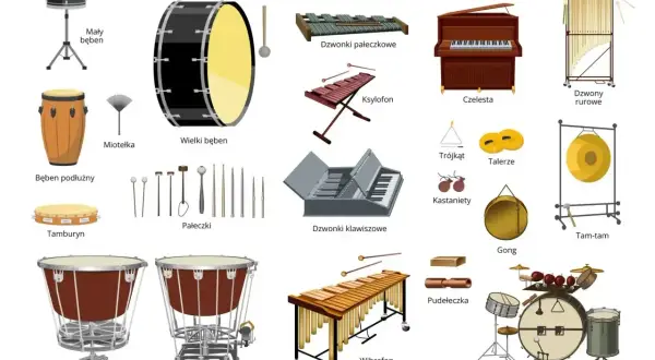 Ilustracja prezentuje różnorodne instrumenty perkusyjne: bębny, ksylofon, wibrafon, dzwonki, talerze, gong, tam-tam, kastaniety, trójkąt, a także komplet jazzowy.