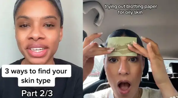 Due donne mostrano come fare un tipo di pelle viso test. Una parla di "3 modi per trovare il tuo tipo di pelle", l'altra prova carta assorbente per pelle grassa.