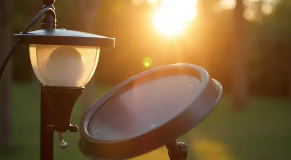 Lampa solarna w złotym świetle zachodzącego słońca. Pierwsze ładowanie lampy solarnej, gotowej do rozświetlenia ogrodu.