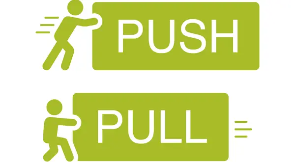 Zielona ikona z sylwetką człowieka pchającego (PUSH) i ciągnącego (PULL).