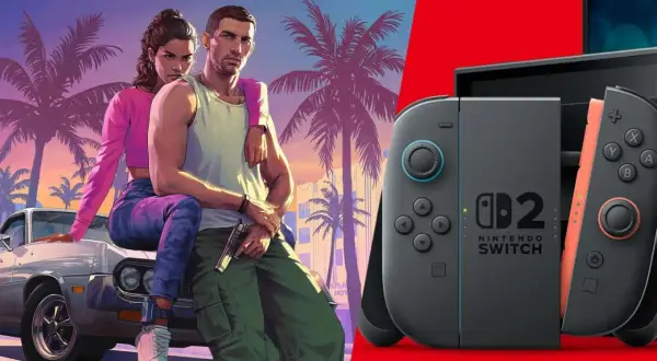 Ein Paar vor Palmen und ein Nintendo Switch 2 Controller. Träumst du von GTA 6 auf der Switch 2?