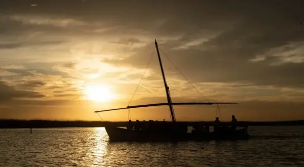 Un paseo en barca por la Albufera al atardecer, con el sol tiñendo el cielo de oro y las siluetas de los pasajeros reflejándose en el agua.