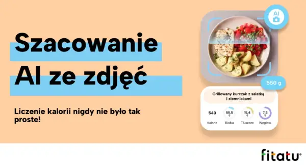 AI analizuje posiłek, pokazując jak liczyć kalorie. Grillowany kurczak z ziemniakami i sałatką, 540 kcal.