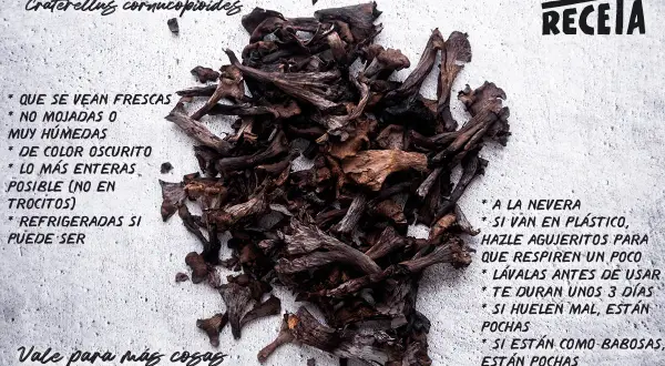 Trompetas de la muerte, también conocidas como Craterellus cornucopioides, listas para ser salteadas. Se ven frescas, oscuras y enteras.