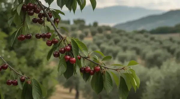Grappoli di visciole frutto pendono da un ramo, con un uliveto sfocato sullo sfondo.