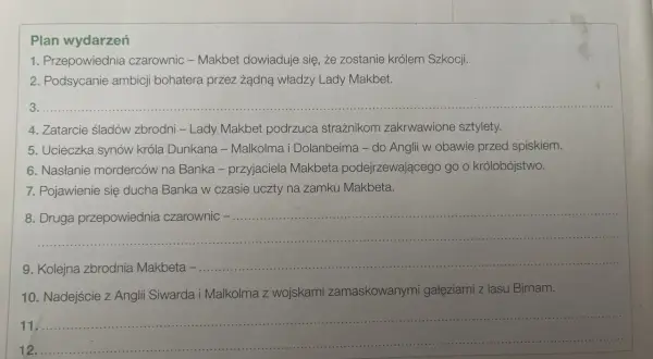 Plan wydarzeń z Makbeta: przepowiednia czarownic, podsycane ambicje, morderstwa, ucieczka synów króla.
