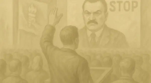 Mężczyzna z podniesioną ręką przed tłumem i portretem surowego przywódcy z napisem "STOP".