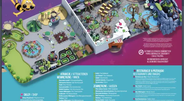 Plan parku rozrywki z atrakcjami, restauracjami i sklepem. Sprawdź majaland cennik i zaplanuj wizytę!
