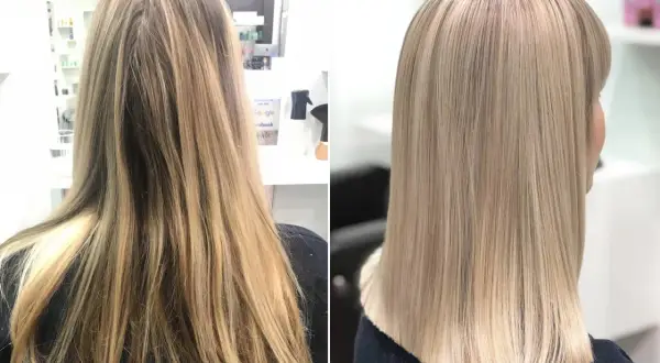 Vorher/Nachher: Langes, gestuftes Haar wird zu einem glatten, schulterlangen Schnitt mit heller Blondfärbung.