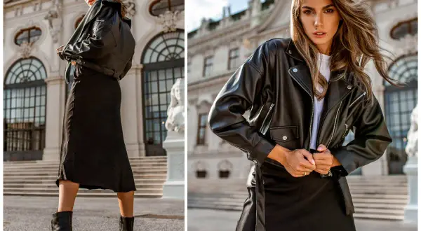 Elegancka kobieta w czarnej ramonesce i spódnicy. Dowiedz się, jak prać czarne ubrania, by zachowały swój kolor.