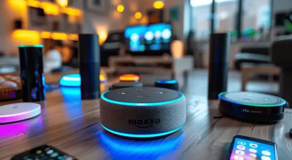 Plusieurs enceintes connectées Amazon Echo, dont un modèle rond avec une lumière bleue, sont sur une table. Un smartphone est posé devant. C'est un test Alexa.