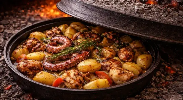 Pachnąca ośmiornica z ziemniakami i rozmarynem, przygotowana w tradycyjnej chorwackiej kuchni pod żelazną pokrywą, nad żarem.