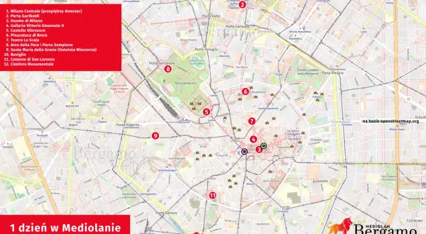 Mapa Mediolanu z zaznaczonymi atrakcjami: Duomo, Galleria Vittorio Emanuele II, Castello Sforzesco, Parco Sempione. Planuj zwiedzanie!