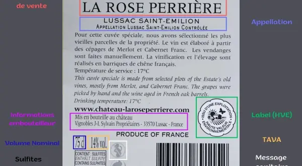 Étiquette de vin Château La Rose Perrière, Lussac Saint-Émilion. L'appellation contrôlée garantit l'origine et la qualité, une signification IGP pour ce vin français.