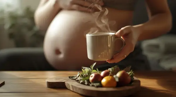 Ciepła herbata w ciąży, parująca z kubka, obok owoców na desce. Chwila spokoju dla przyszłej mamy.