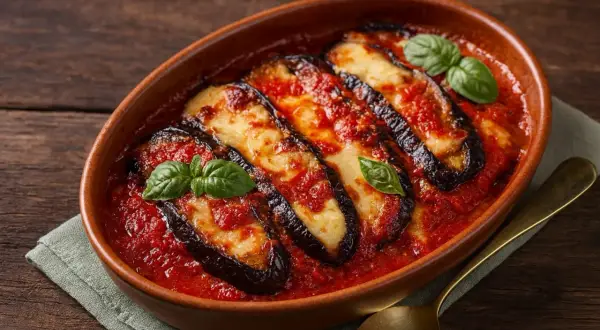 Herzhaftes Parmigiana di melanzane, geschichtet mit Auberginen, Tomatensauce und Käse, garniert mit Basilikum.