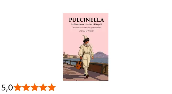 Pulcinella, maschera iconica di Napoli, passeggia con una chitarra sul lungomare, con il Vesuvio sullo sfondo.
