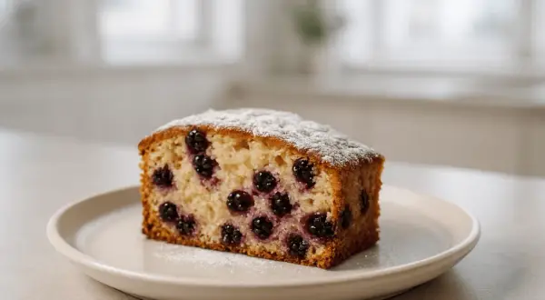 Pyszne ciasto porzeczkowiec, posypane cukrem pudrem, z widocznymi w środku ciemnymi porzeczkami.
