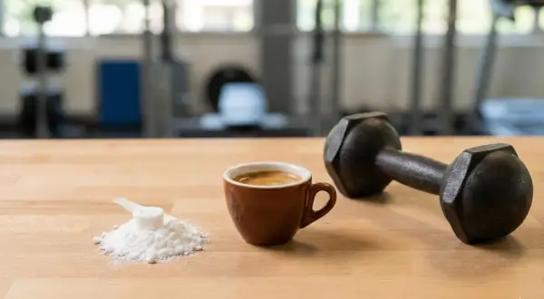 Creatina e caffè: la combinazione perfetta per un allenamento esplosivo. Un manubrio, una tazzina di espresso e una dose di creatina in polvere su un tavolo di legno.