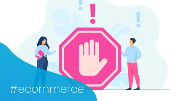 Ludzie przy znaku stop, ostrzegający przed problemami w e-commerce.