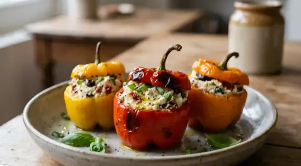 Poivrons farcis de ricotta, tomates séchées et olives, garnis de basilic frais. Un délice coloré et savoureux.