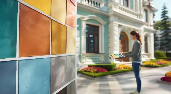 Échantillons de couleurs de façade devant une maison, une femme tient une palette de couleurs.