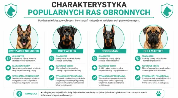 Owczarek niemiecki, Rottweiler, Doberman i Bullmastiff – porównanie cech psów obronnych, gdy pies jest dorosły.