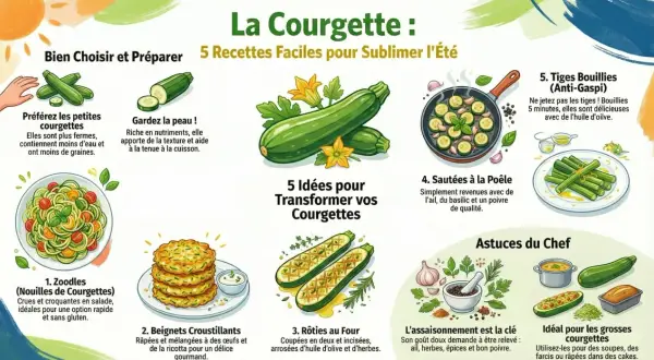 Infographie sur la courgette : 5 idées recette pour la sublimer. Zoodles, beignets, rôties, sautées, tiges bouillies. Astuces pour choisir et préparer.
