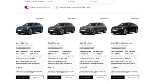 Audi Q8 e-tron i Sportback e-tron w różnych wersjach silnikowych. Sprawdź aktualną audi q8 cena i raty leasingowe.