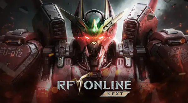 Potężny mech z gry Revelation Online, z czerwonymi, świecącymi oczami i zielonym akcentem na głowie.