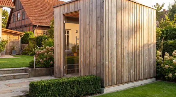 Moderne Gartensauna aus Holz mit Glasfront, perfekt für ein entspanntes "gartensauna selber bauen" Projekt im Grünen.
