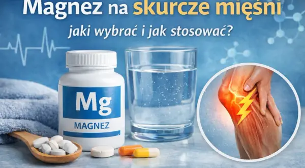 Magnez na skurcze mięśni: butelka z magnezem, tabletki, szklanka wody i obrazek bolącej nogi.