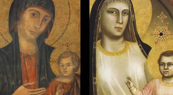 Two Madonnas with child, painted in the style of modern Renaissance art, with gold halos and intricate patterns.