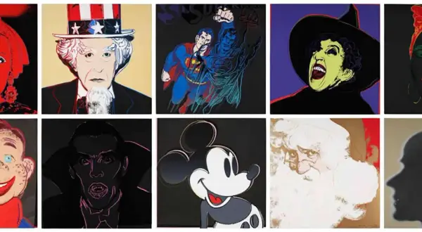 A collage of pop art portraits, including female figures in vibrant colors, reminiscent of works by female pop art artists.