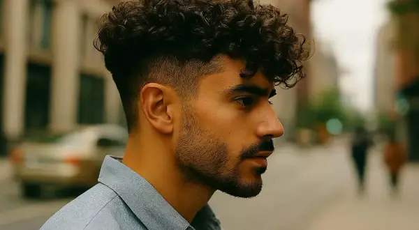 Un homme au regard pensif arbore des cheveux ondulés courts, avec un dégradé soigné sur les côtés.