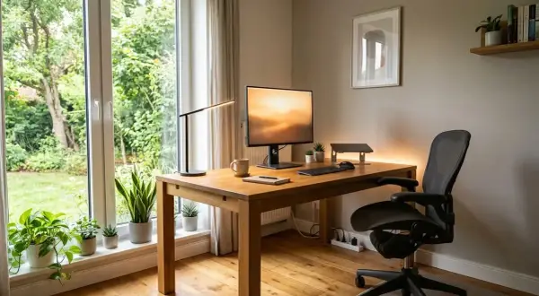 Bureau lumineux avec bureau en bois, plante verte, lampe et écran. L'ensemble respecte la norme éclairage bureau pour un confort visuel optimal.