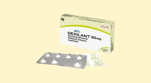 Opakowanie leku Dexilant 60 mg, zawierające 14 kapsułek o opóźnionym uwalnianiu, oraz blister z lekami.