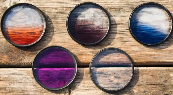 Five circular camera filters with colorful gradients, perfect for telephoto photography, lie on a wooden surface.