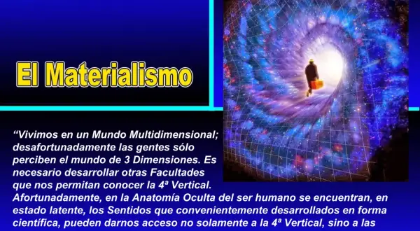 Un hombre con maleta camina hacia un túnel cósmico, explorando la cuarta dimensión y el materialismo.