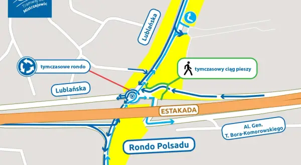 Mapa tymczasowych objazdów w Krakowie: rondo, estakada, tymczasowy ciąg pieszy. Aktualne remonty dróg w Krakowie wpływają na ruch.